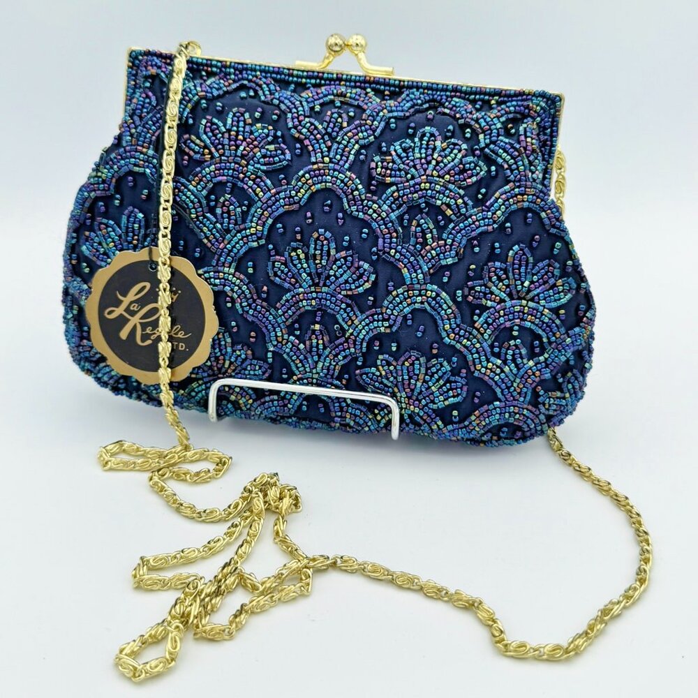 NEW Stunning La Regale Vintage Blue Purple Beaded Clutch Purse Evening Bag